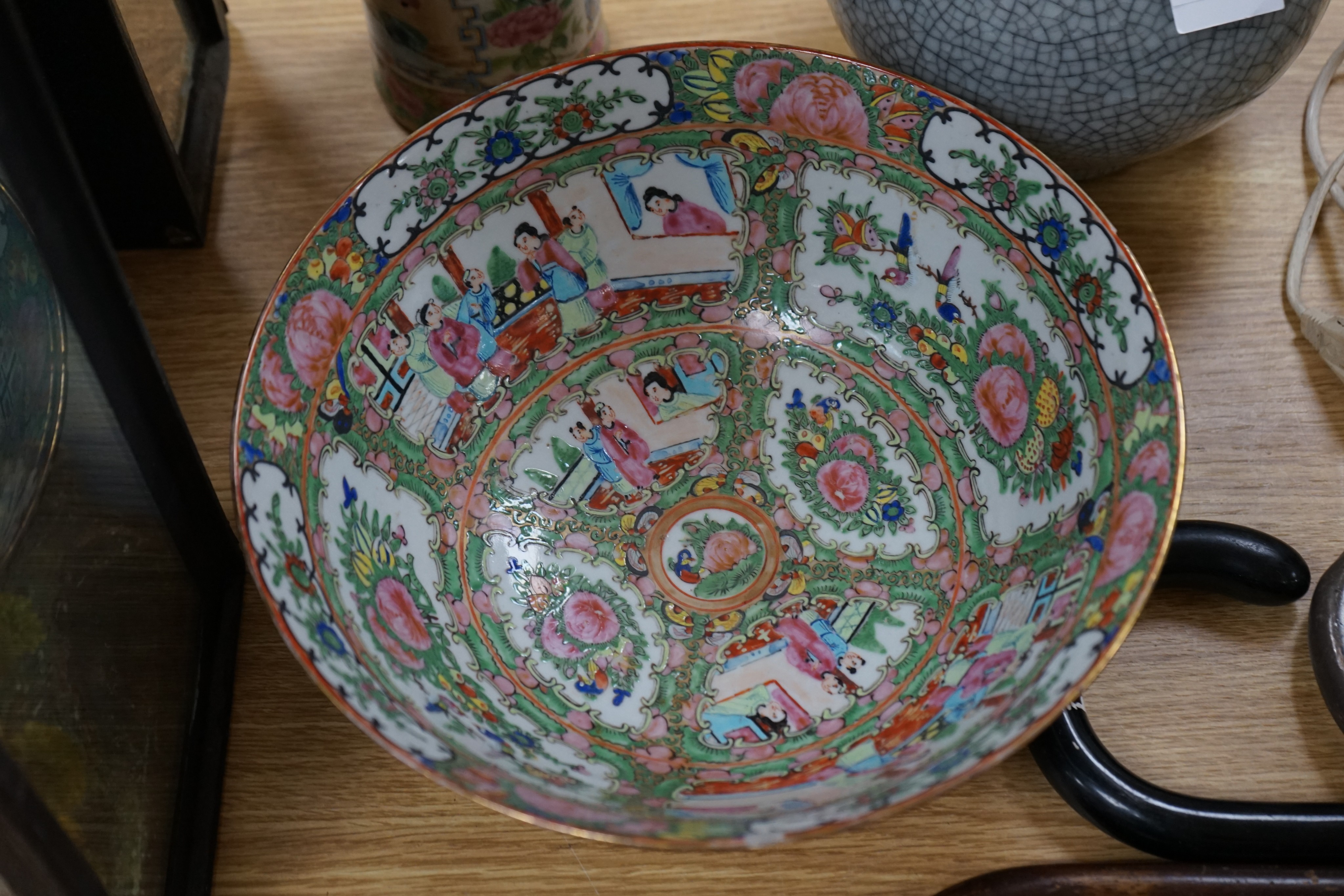 A Chinese famille rose sleeve vase, a similar bowl and a crackle glaze vase, 19th century and later, 31cm